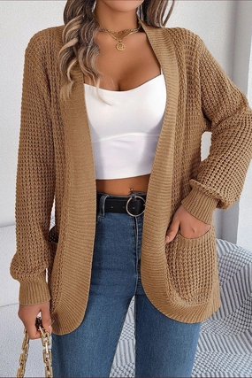 LightReflective Recycled Polyester Blend WOMEN CHUNKY WAFFLE KNIT OPEN FRONT CARDIGAN