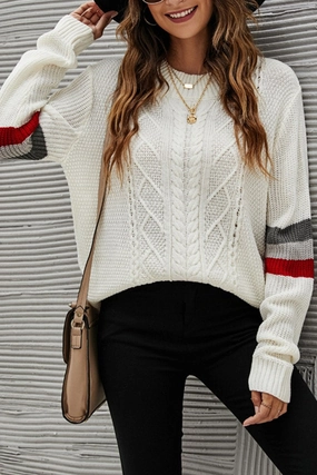 WOMEN COLOR STRIPE SLEEVE LOOSE KNIT JUPMER TOP Wrinkle Resistant Finish Biodegradable material