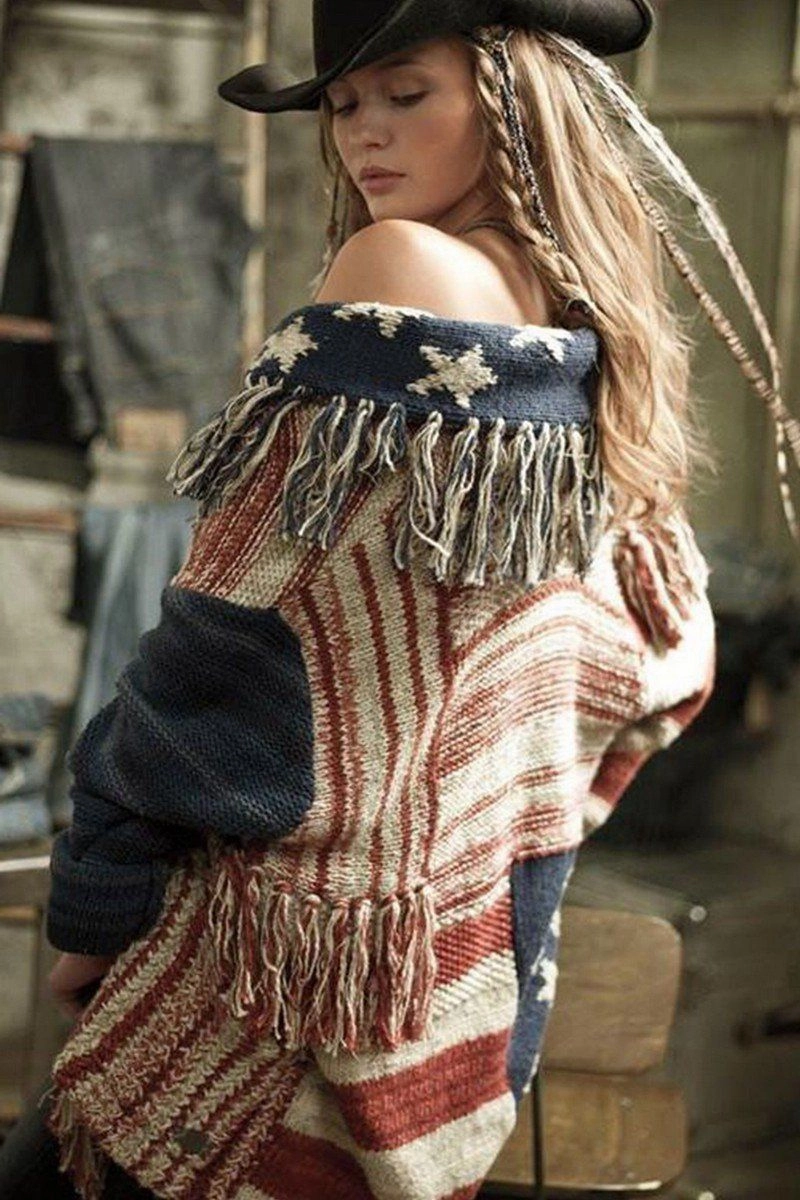 preshrunk WOMEN CONTRASTING STAR STRIPE FRINGE KNIT CARDIGAN100% POLYESTERSIZE S(2)-M(2)-L(2)-XL(2)MADE IN CHINA