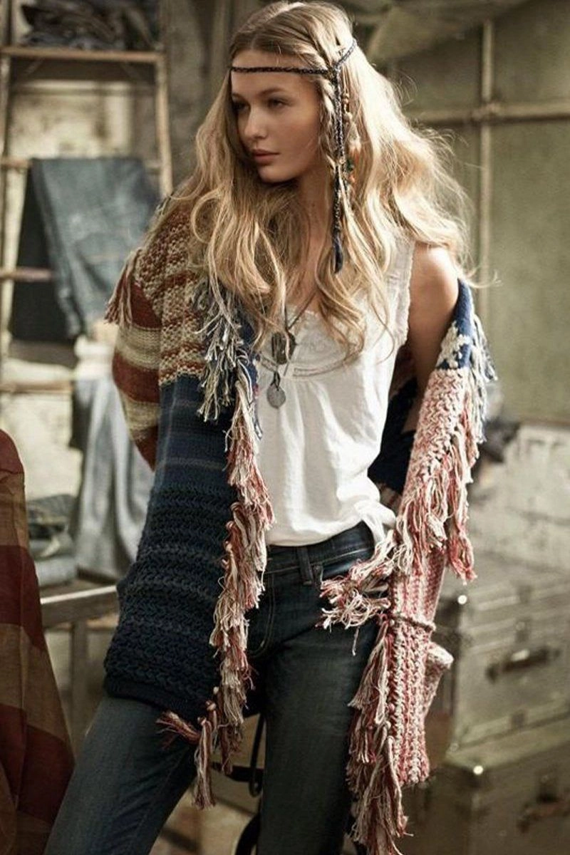 Sustainable Production Certified WOMEN CONTRASTING STAR STRIPE FRINGE KNIT CARDIGAN100% POLYESTERSIZE S(2)-M(2)-L(2)-XL(2)MADE IN CHINA