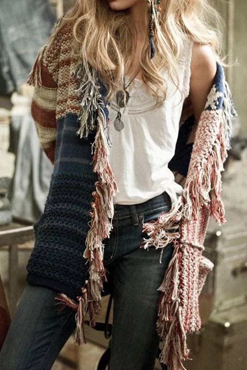 WOMEN CONTRASTING STAR STRIPE FRINGE KNIT CARDIGAN100% POLYESTERSIZE S(2)-M(2)-L(2)-XL(2)MADE IN CHINA CompressionTechnology