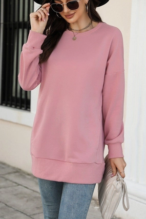 Garment Dyed Finish WOMEN CREW NECK LONG LENGTH PULLOVER TOP