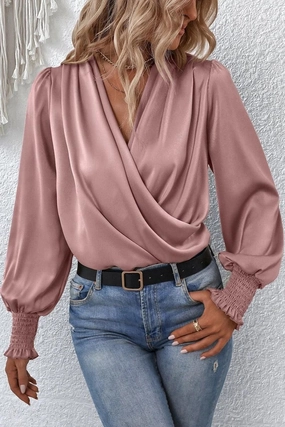 Reflective Detailing WOMEN CROSS WRAP RIBBED SLEEVE BLOUSE TOP