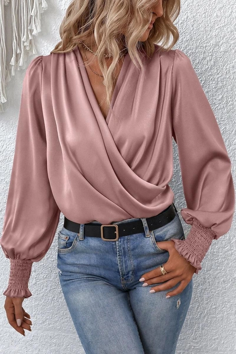 3D Spacer Fabric WOMEN CROSS WRAP RIBBED SLEEVE BLOUSE TOP