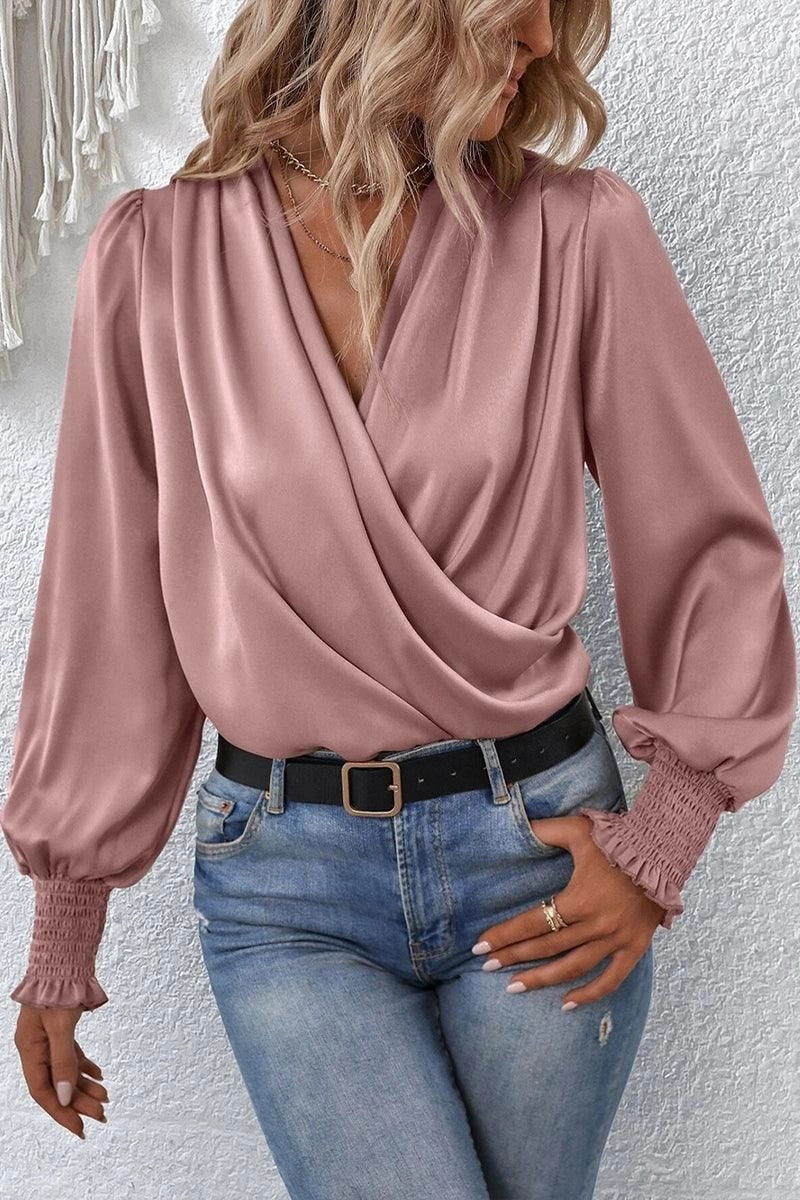 Reflective Detailing WOMEN CROSS WRAP RIBBED SLEEVE BLOUSE TOP