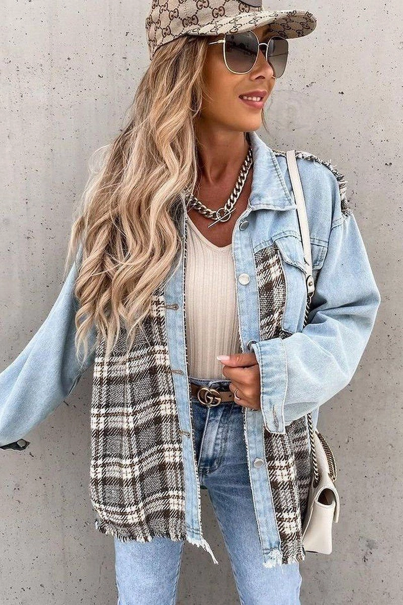 Stretchy Top Lightweight insulation WOMEN DENIM PATCHWORK PLAID JACKET100% POLYESTERSIZE S(2)-M(2)-L(2)-XL(2)MADE IN CHINA