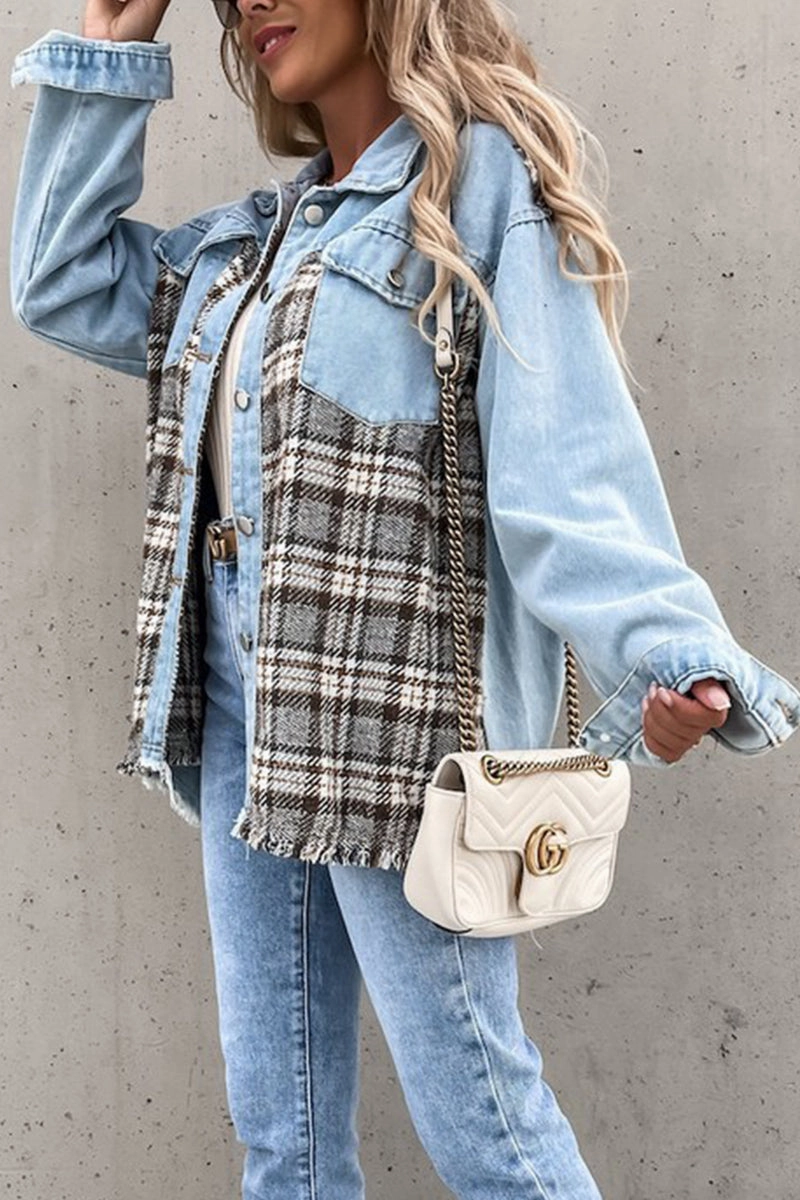 Sustainable Fabric Blend Casual Button-Down WOMEN DENIM PATCHWORK PLAID JACKET100% POLYESTERSIZE S(2)-M(2)-L(2)-XL(2)MADE IN CHINA