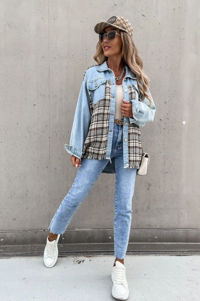 WOMEN DENIM PATCHWORK PLAID JACKET100% POLYESTERSIZE S(2)-M(2)-L(2)-XL(2)MADE IN CHINA HighNeckCut