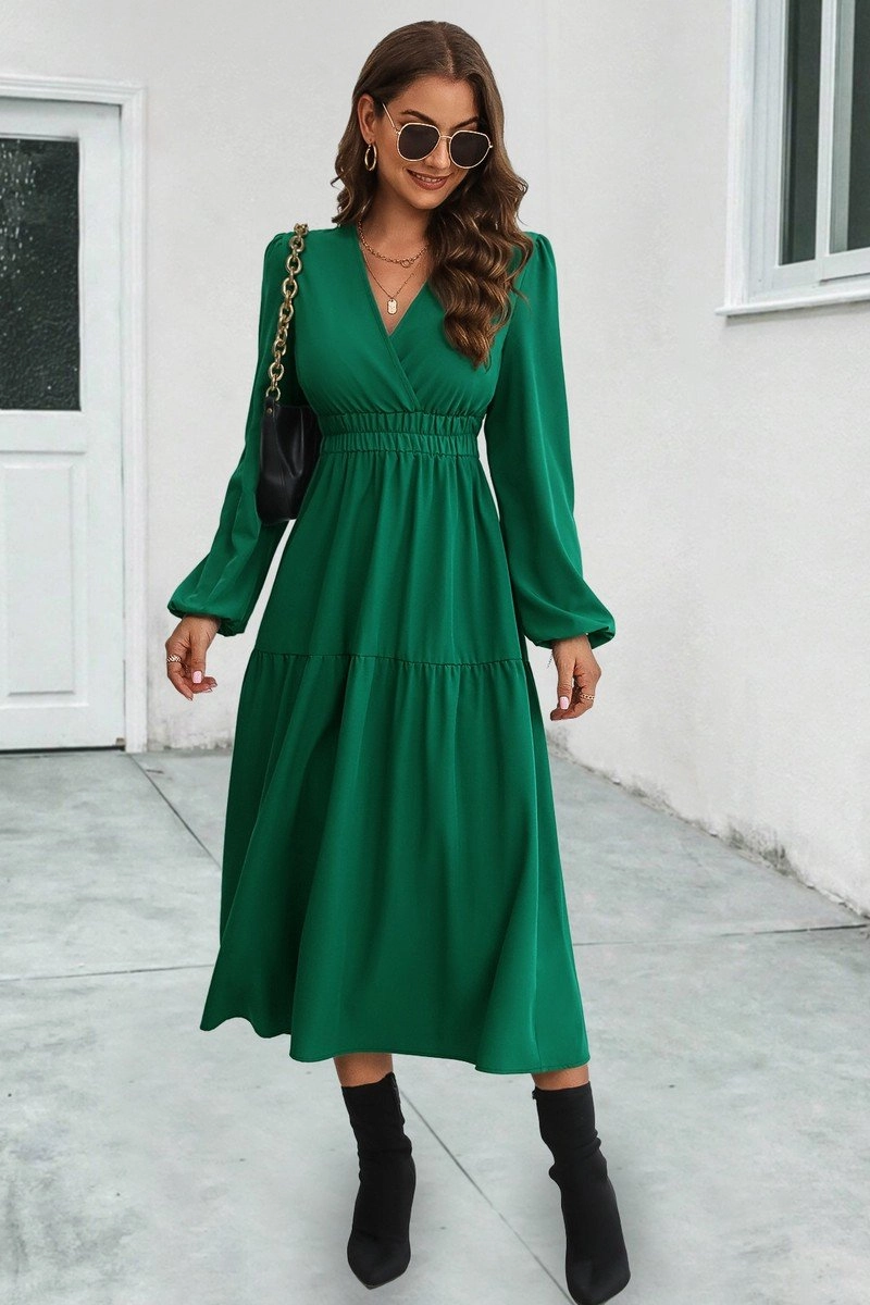WOMEN ELASTIC WAIST V NECK LONG SLEEVE MAXI DRESS Simple Mood Formal Choice