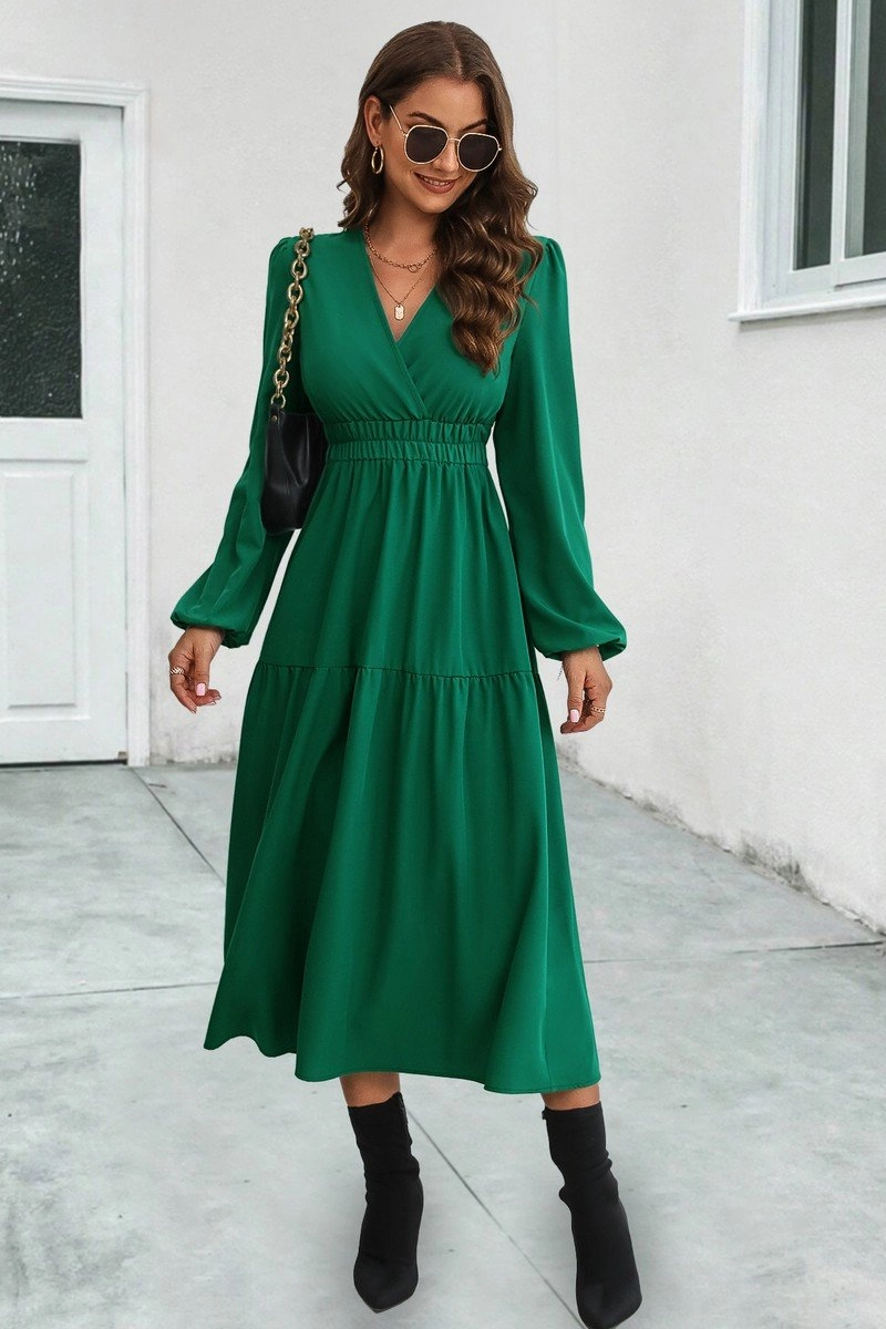 Daily Comfort Quilted-Texture WOMEN ELASTIC WAIST V NECK LONG SLEEVE MAXI DRESS