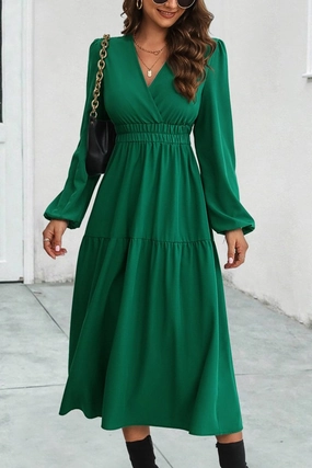 WOMEN ELASTIC WAIST V NECK LONG SLEEVE MAXI DRESS Fashionable Layers