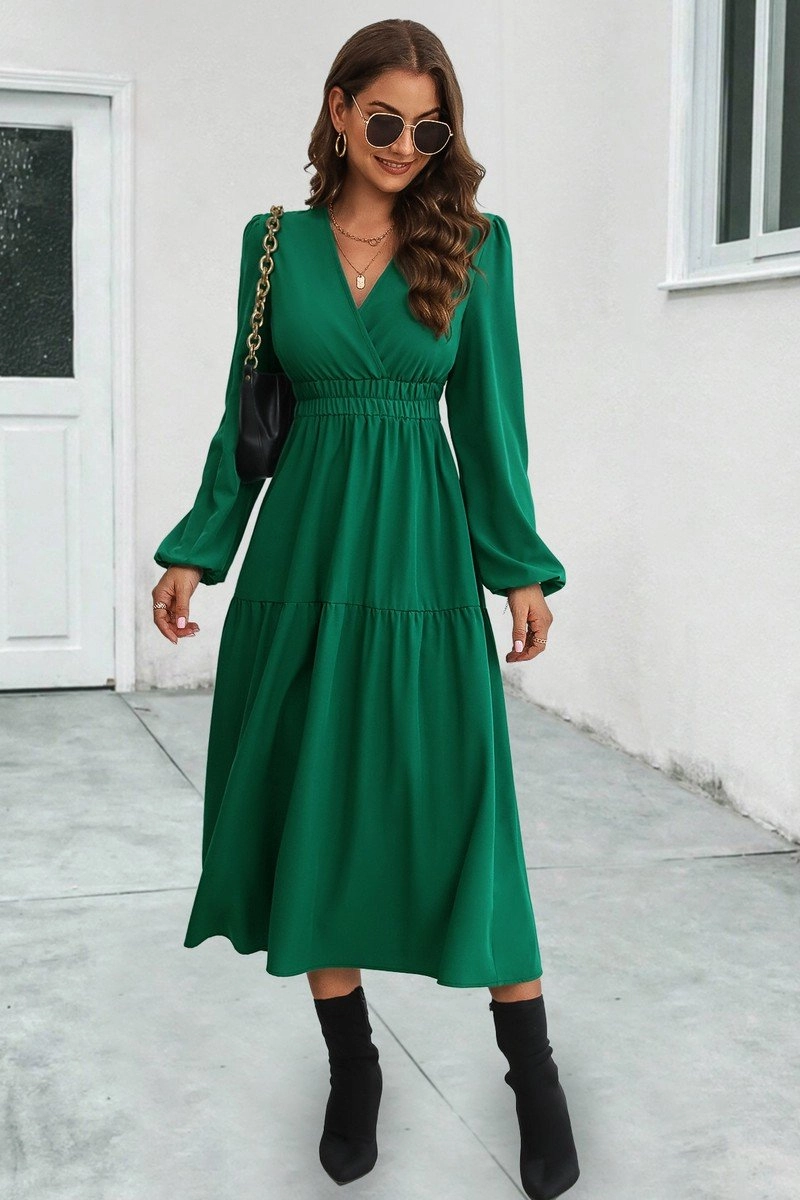 Elegant Silhouette WOMEN ELASTIC WAIST V NECK LONG SLEEVE MAXI DRESS