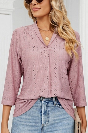 WOMEN EYELET COLLARED 3/4 SLEEVED BLOUSE TOP Stylish Hoodie TemperatureRegulatingLining