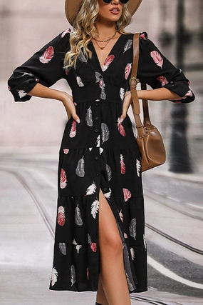 Relax Tones WOMEN FEATHER PRINTING LONG SLEEVE V NECK DRESS