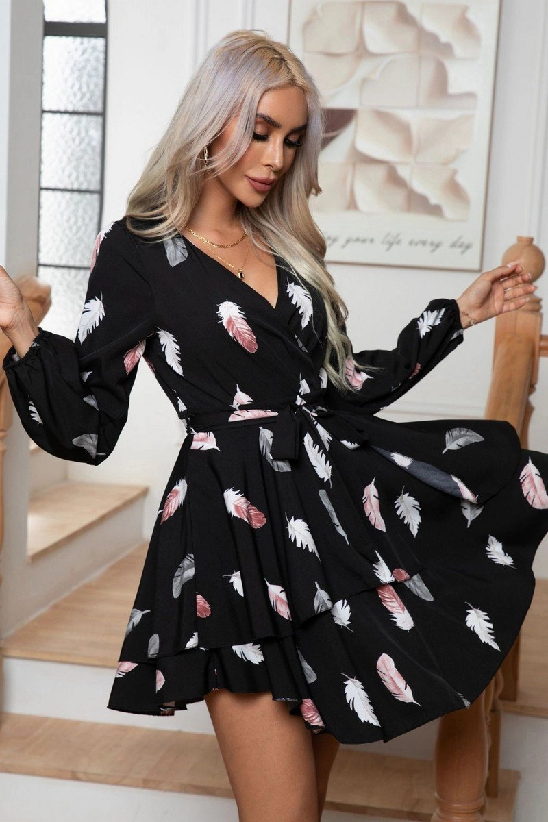 Clean Outfit Perfectly Fit Look WOMEN FEATHER PRINTING MULTILAYER HEM V NECK DRESS