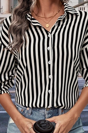 WOMEN FITTED CUFF BUTTON UP STRIPE SHIRTS NoSlipGripperBand Simple Dress