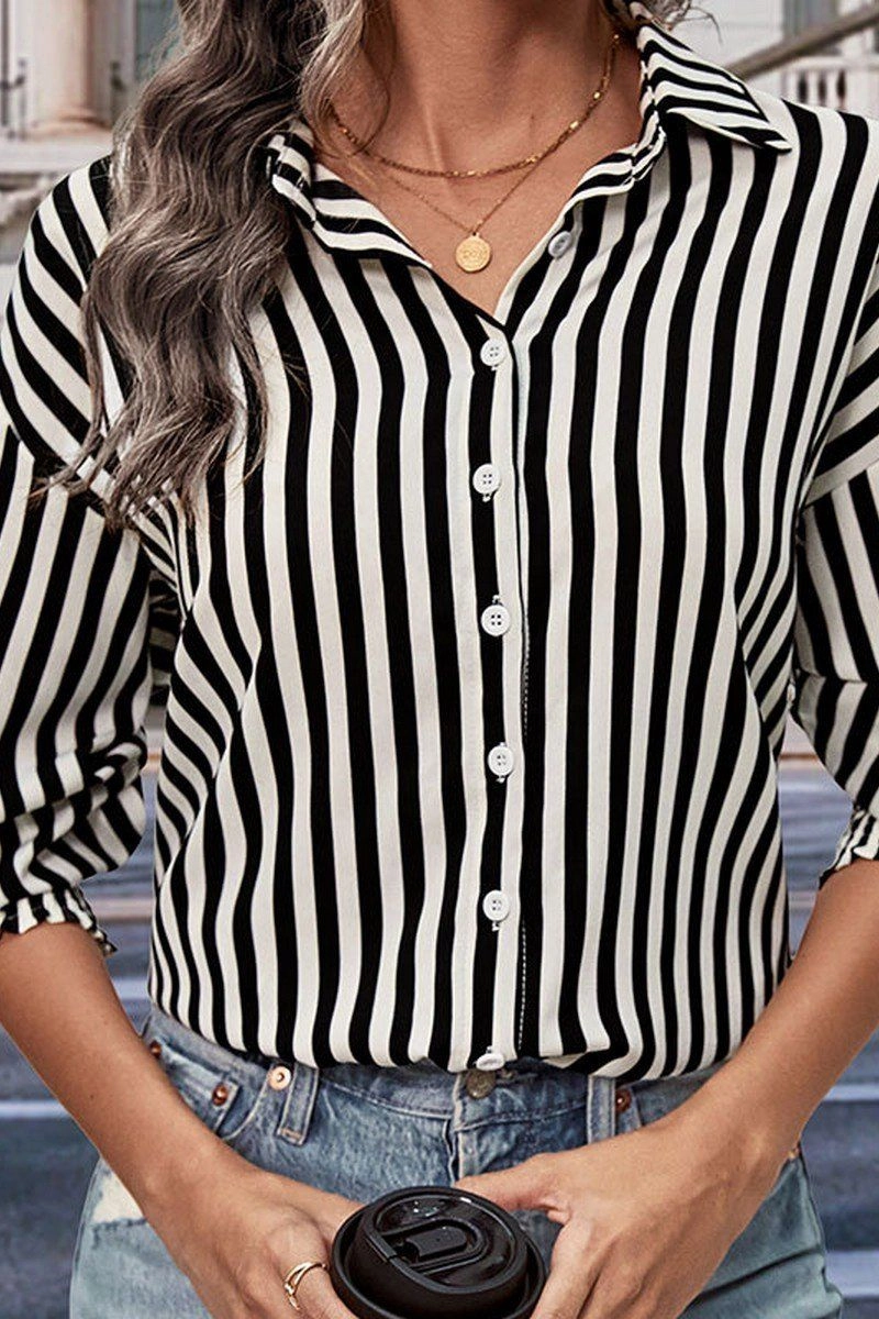 WOMEN FITTED CUFF BUTTON UP STRIPE SHIRTS NoSlipGripperBand Simple Dress