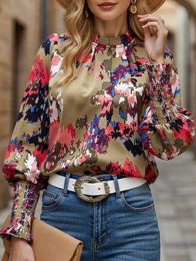 WOMEN FITTED SMOCK CUFF MARBLE PRINTING BLOUSE Ventilation Panel