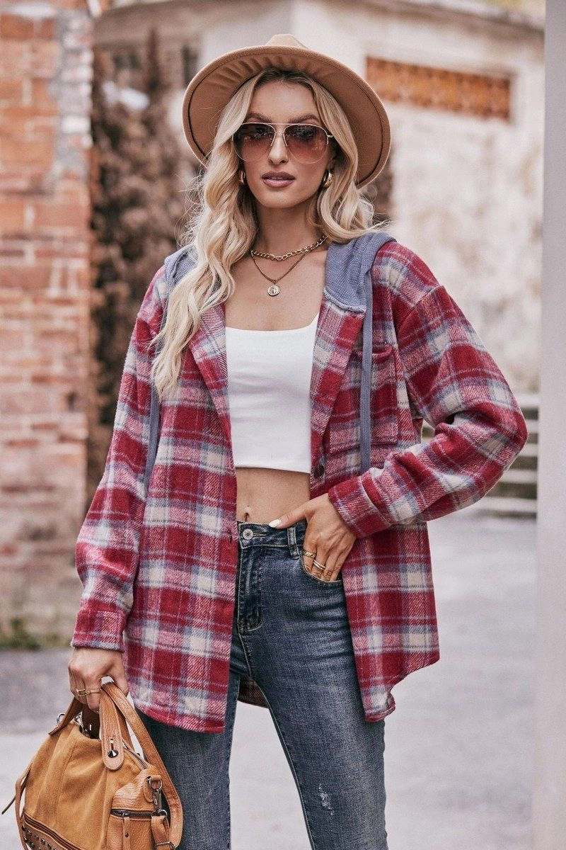 LayeringFriendly Weight AllDayComfortFit WOMEN FLANNEL PLAID HOODIE SHACKET
