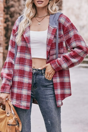 Street Style WOMEN FLANNEL PLAID HOODIE SHACKET