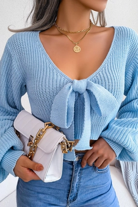 WOMEN FRONT BOW TIED SEXY CROP KNIT SWEATSHIRTS TemperatureRegulating Fabric Breathable Microfiber