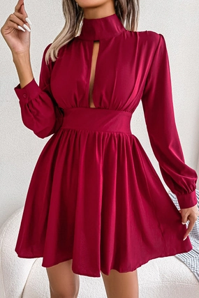 WOMEN FRONT CUT OUT DETAILED HIGH NECK DRESS Sophisticated Elegance Feminine Comfort
