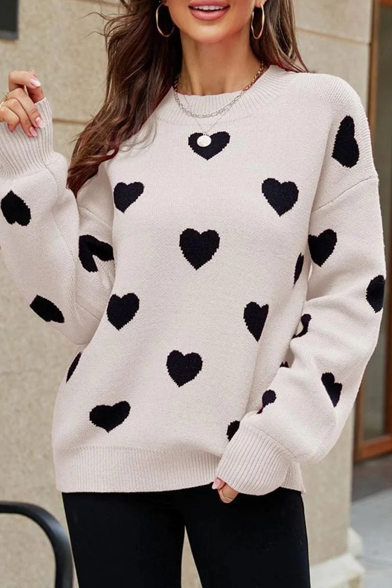 Recycled Polyester Blend WOMEN HEART PRINTING CUTE PULL OVER SWEATER