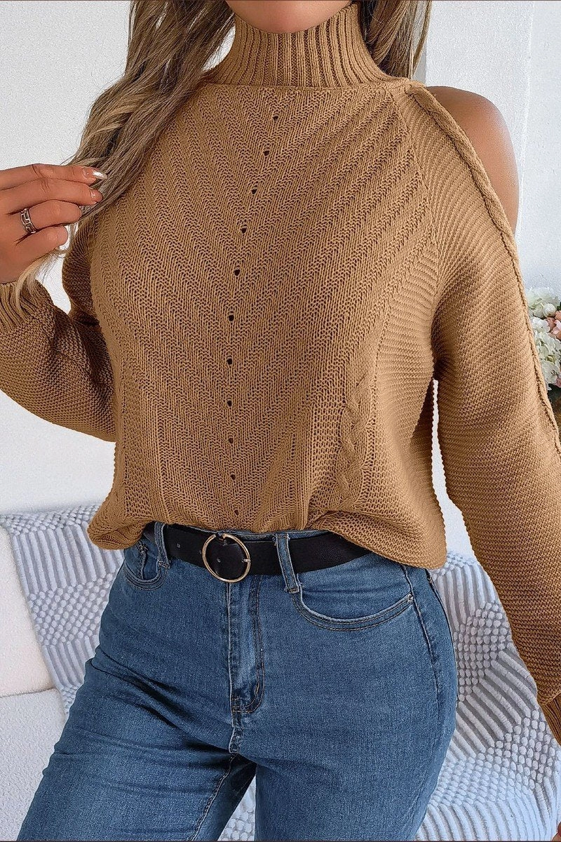MultiFunctional Pocket Placement Printed T-shirt WOMEN HIGH NECK CUT OUT SHOULDER KNIT SWEATSHIRT
