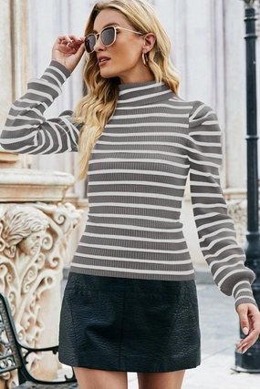 Adjustable Hem Cuff WOMEN HIGH NECK STRIPE PATTERN LONG SLEEVE TOP
