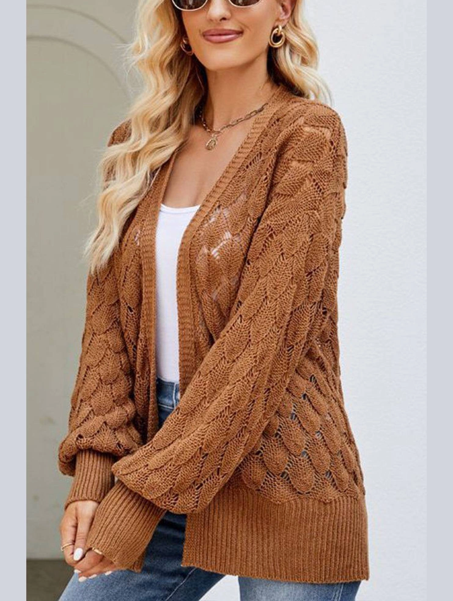 WOMEN HOLLOW OUT KNITTED SWEAT CARDIGAN RecycledBlend
