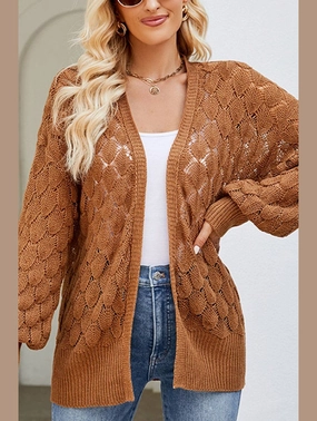 DoubleStitched Hem WOMEN HOLLOW OUT KNITTED SWEAT CARDIGAN