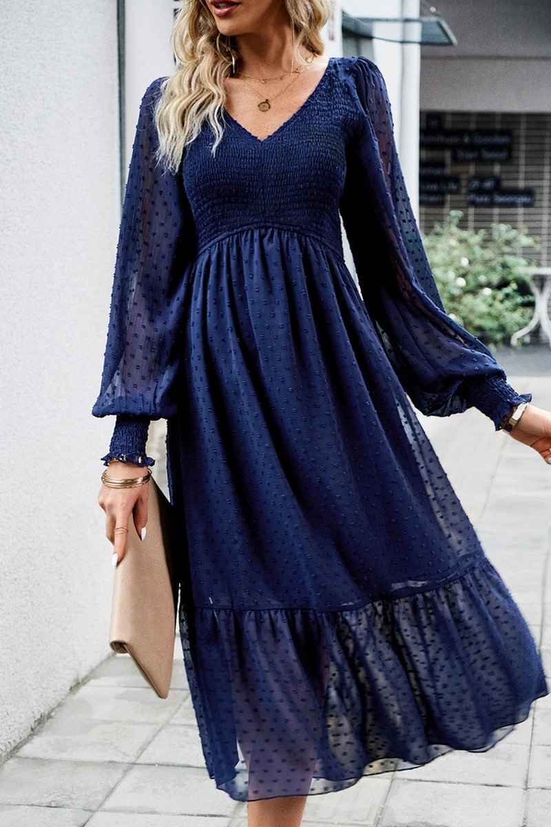 WOMEN LACE HEM V NECK HIGH WAIST SWING DRESS Understated Charm Elegant Wearable