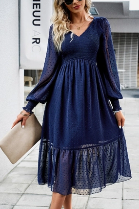 Casual Comfort Cool Look WOMEN LACE HEM V NECK HIGH WAIST SWING DRESS