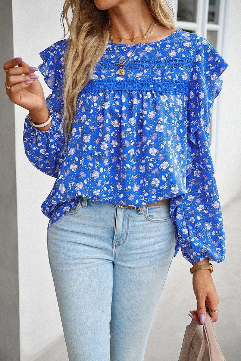 Minimalist Detailing WOMEN LACE TRIM FRILL ANGEL SLEEVE FLORAL BLOUSE