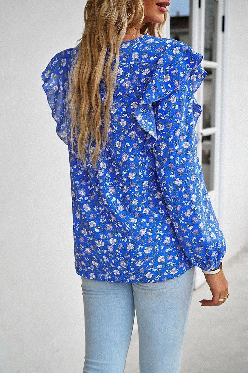 Seamless Construction Design AntiPillingSurface WOMEN LACE TRIM FRILL ANGEL SLEEVE FLORAL BLOUSE