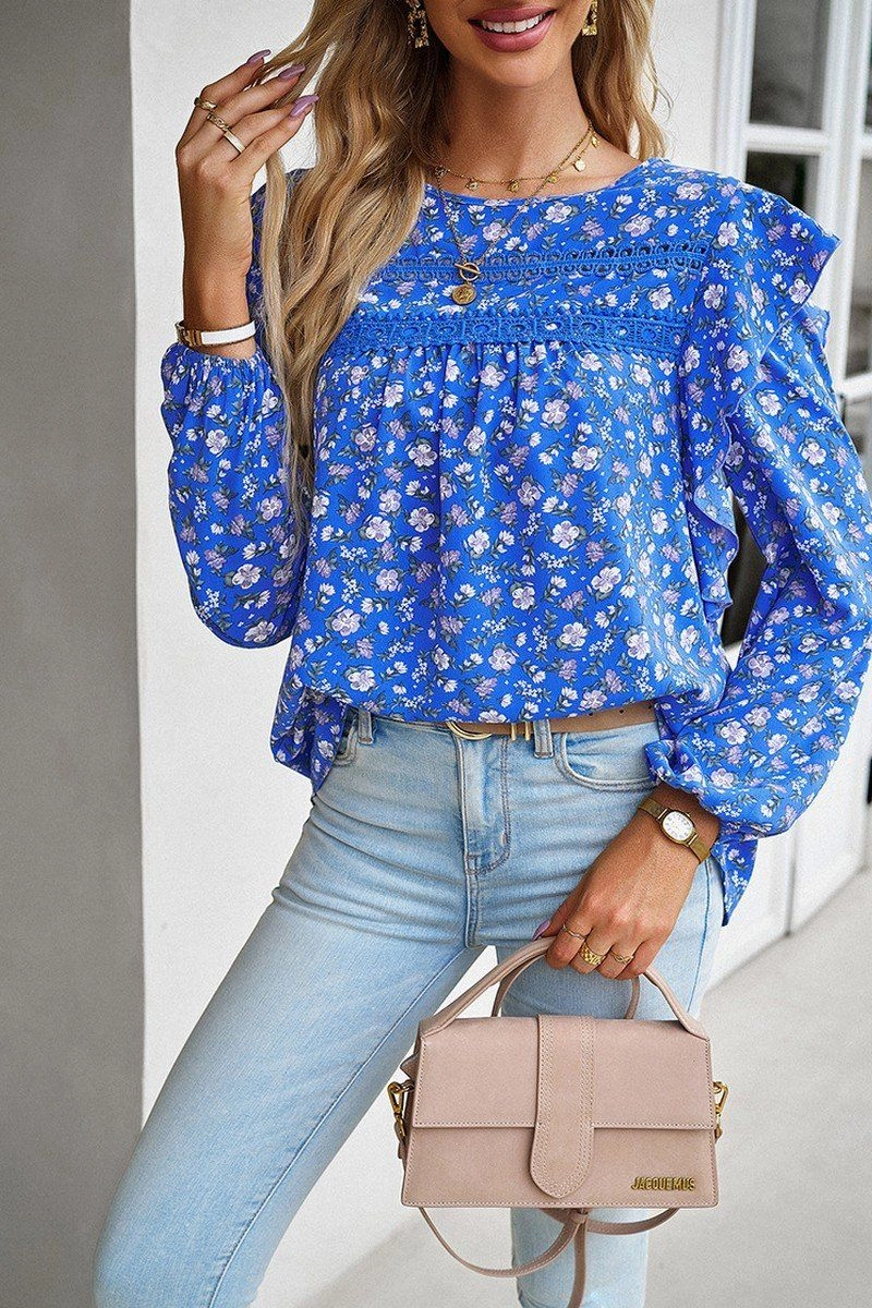 DurableWeave DualLayer Weave WOMEN LACE TRIM FRILL ANGEL SLEEVE FLORAL BLOUSE