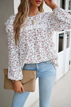 Bonded Seam Innovation Breathable Ventilation WOMEN LACE TRIM FRILL ANGEL SLEEVE FLORAL BLOUSE