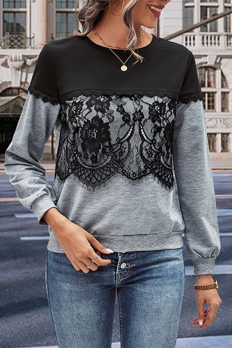 WOMEN LACE TRIM LAYERED ROUND NECK DANDY T SHIRT Reflective Logo Detail
