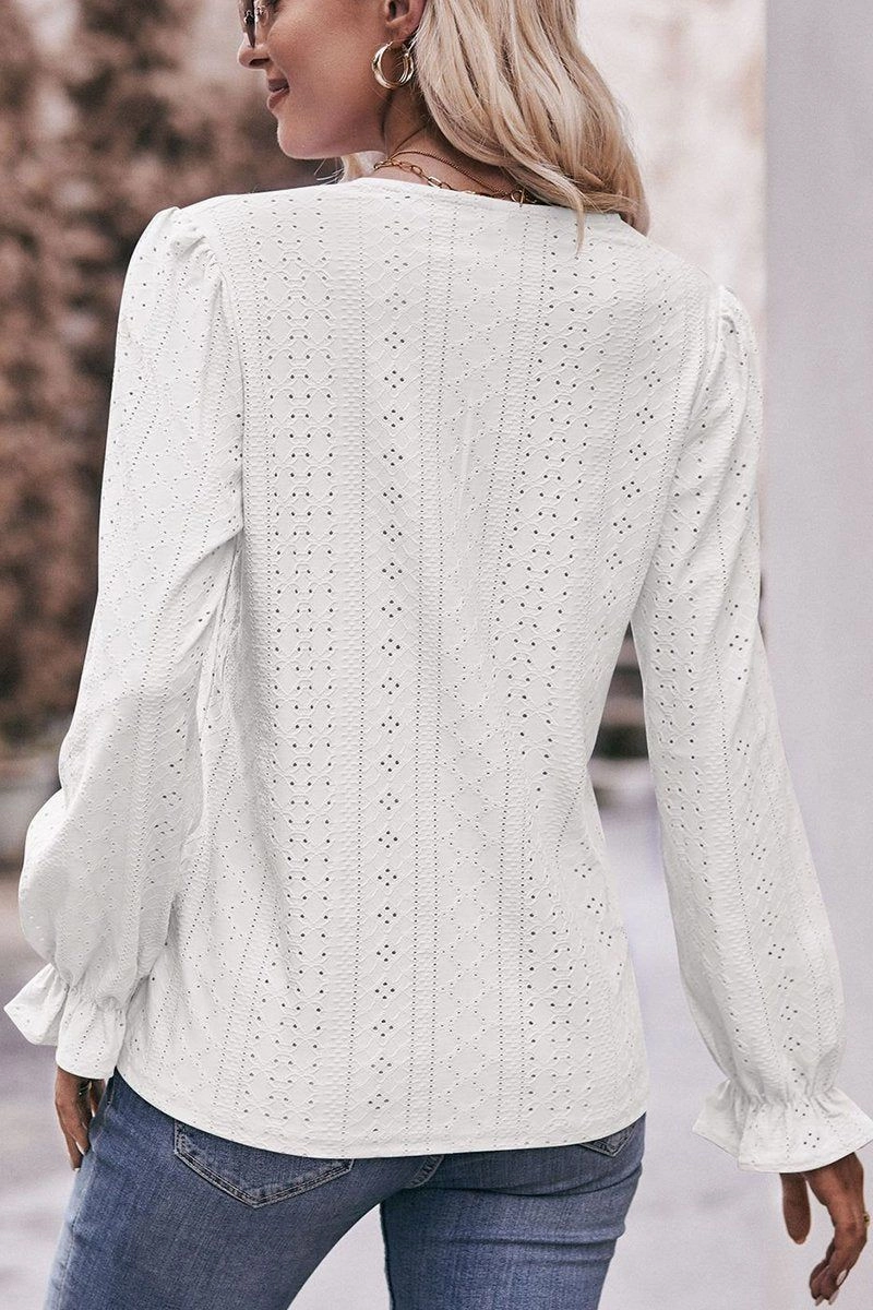 WOMEN LACE TRIM V NECK FLARED SLEEVE BLOUSE Stretch Blouse