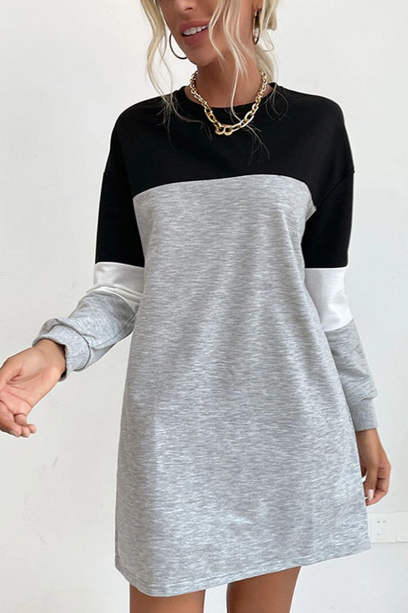 Waist Seam WOMEN LONG SLEEVE COLOR BLOCK COZY SHOR DRESS