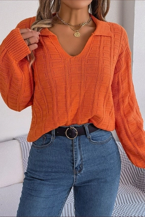 WOMEN LONG SLEEVE LOOSE FIT COLLARED KNIT SWEATER Adjustable Fit System