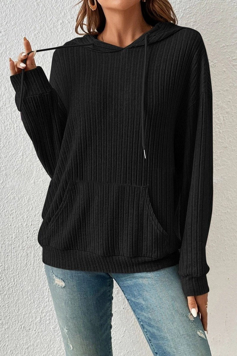 LayeringFriendly Weight WOMEN LONG SLEEVE RIB POCKET PULLOVER HOODIE