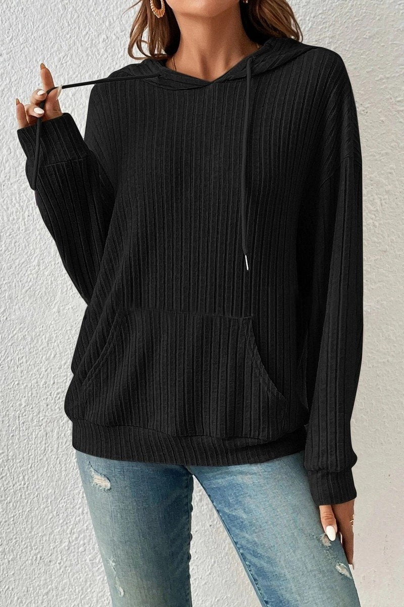 Subtle Texture Weave Antimicrobial Treatment WOMEN LONG SLEEVE RIB POCKET PULLOVER HOODIE
