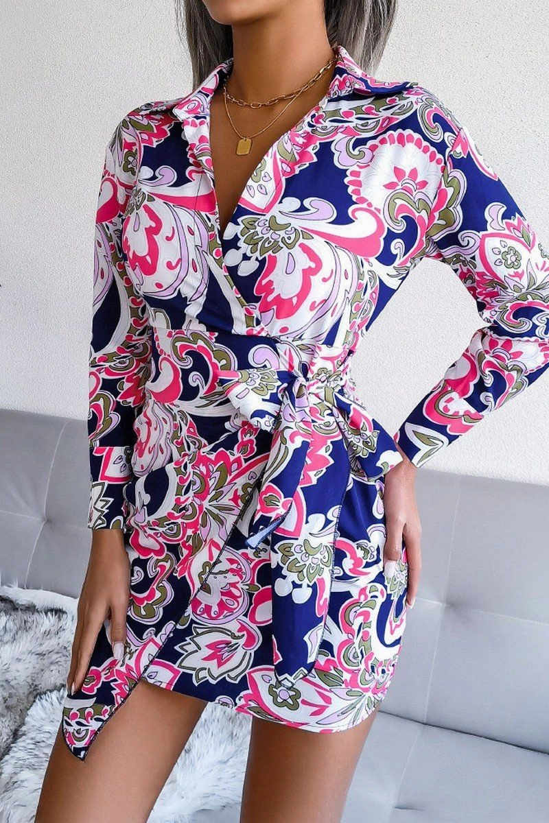 Semi Casual WOMEN LONGSLEEVE PRINTED LACE UP SHIRT DRESS