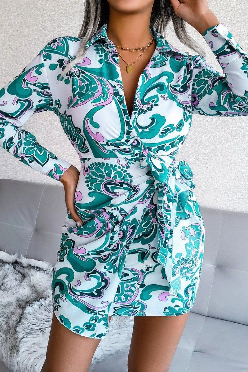 WOMEN LONGSLEEVE PRINTED LACE UP SHIRT DRESS Pure Aesthetic