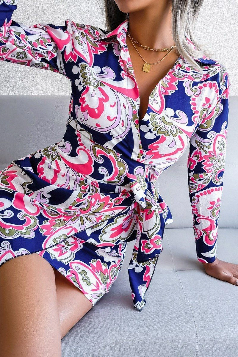 Layered Fit WOMEN LONGSLEEVE PRINTED LACE UP SHIRT DRESS