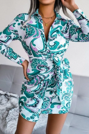 WOMEN LONGSLEEVE PRINTED LACE UP SHIRT DRESS Pure Aesthetic