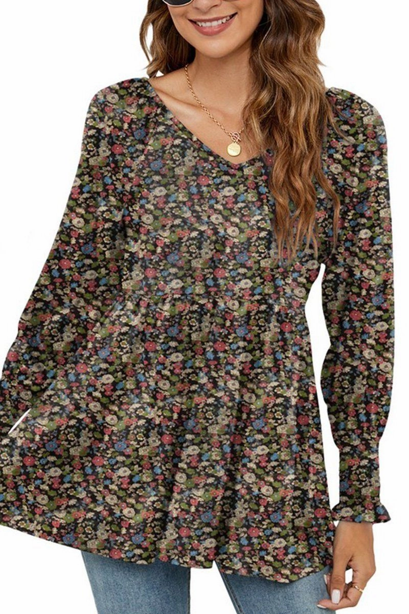 Lightweight Design WOMEN LOOSE FIT FLORAL PATTERN RUFFLED TUNIC TOP