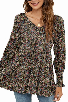 WOMEN LOOSE FIT FLORAL PATTERN RUFFLED TUNIC TOP EcoFriendlyBlend LowMaintenance