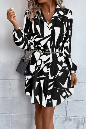 WOMEN LOOSE FIT PATTERNED COLLAR SHIRTS DRESS Work Ready Simple Texture